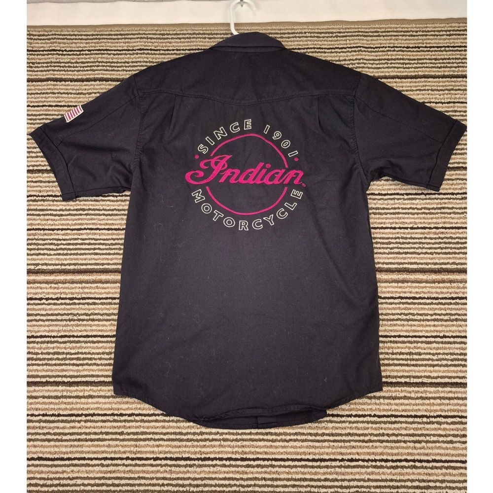 Indian Motorcycle Mens Black‎ Short Sleeve Button Down Work Shirt Red Logo Small